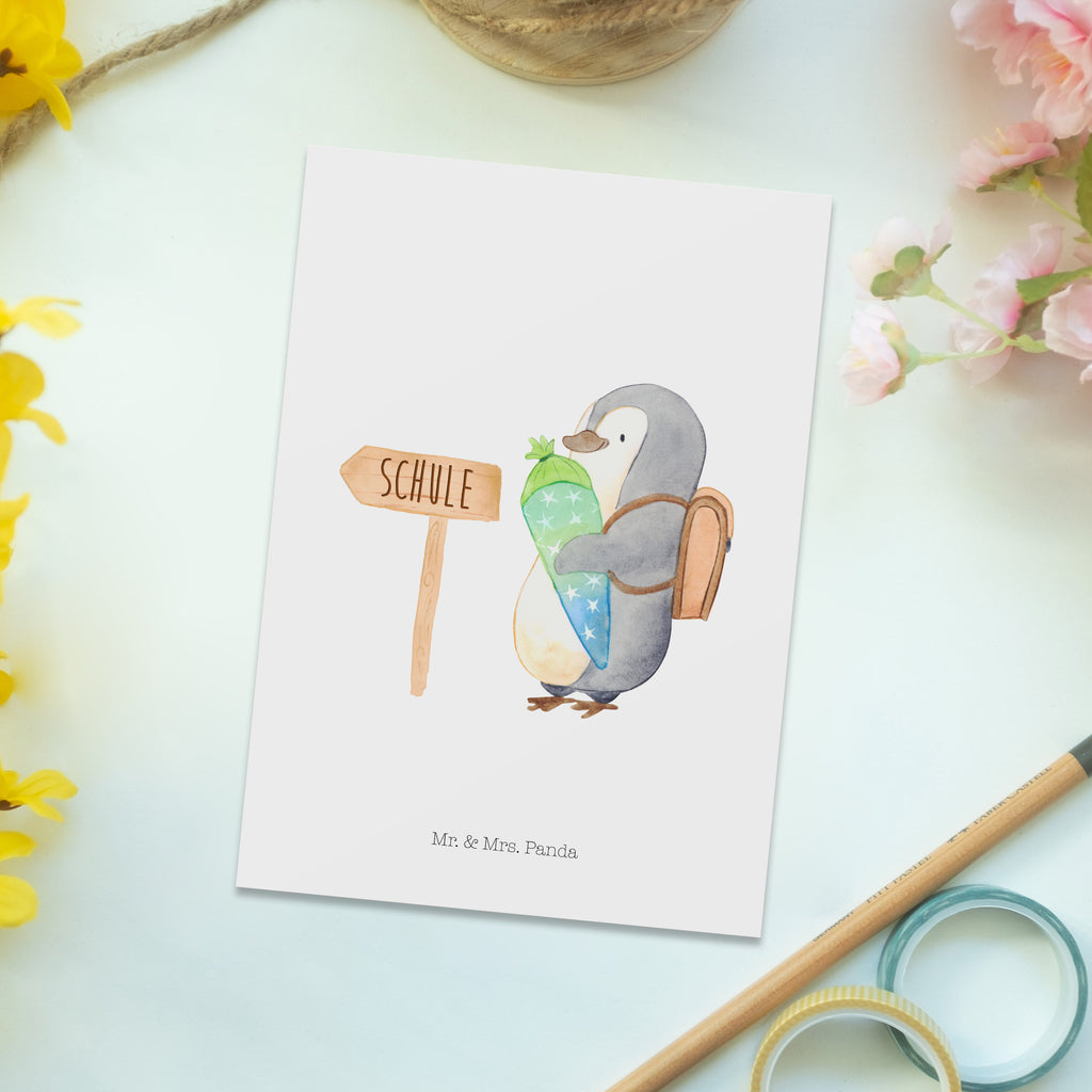 Postkarte Pinguin Schultüte Geschenkkarte, Grußkarte, Karte, Einladung, Ansichtskarte, Geburtstagskarte, Einladungskarte, Pinguin, Schulanfänger, Einschulung, 1. Klasse, Geschenk zur Einschulung, erster Schultag, Schulranzen
