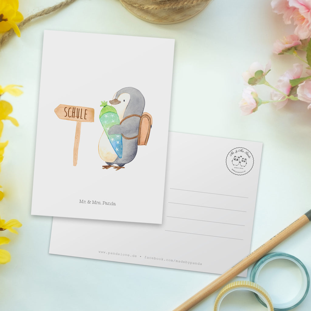 Postkarte Pinguin Schultüte Geschenkkarte, Grußkarte, Karte, Einladung, Ansichtskarte, Geburtstagskarte, Einladungskarte, Pinguin, Schulanfänger, Einschulung, 1. Klasse, Geschenk zur Einschulung, erster Schultag, Schulranzen