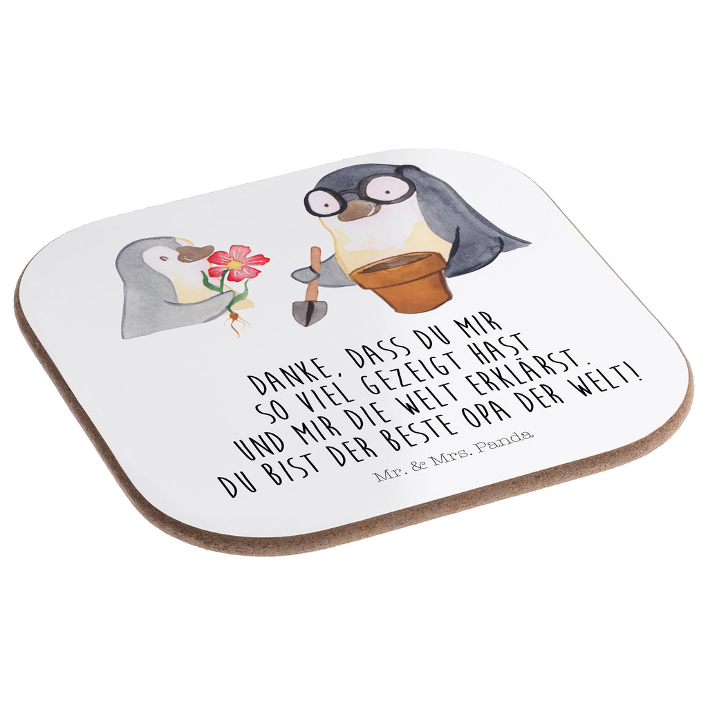 Quadratische Untersetzer Pinguin Opa Blumen pflanzen Bierdeckel, Glasuntersetzer, Untersetzer Gläser, Getränkeuntersetzer, Familie, Vatertag, Muttertag, Bruder, Schwester, Mama, Papa, Oma, Opa, Großvater, Opi, bester Opa, Lieblingsopa