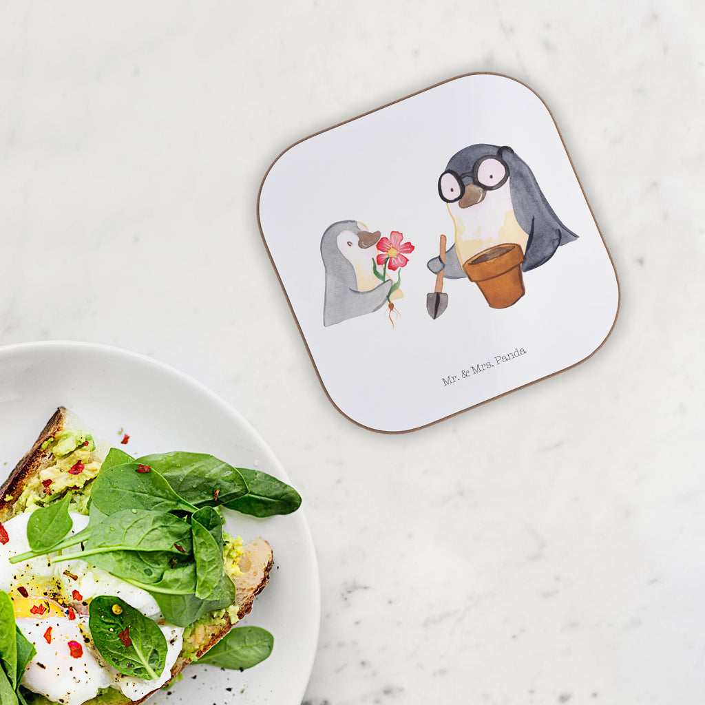 Quadratische Untersetzer Pinguin Opa Blumen pflanzen Bierdeckel, Glasuntersetzer, Untersetzer Gläser, Getränkeuntersetzer, Familie, Vatertag, Muttertag, Bruder, Schwester, Mama, Papa, Oma, Opa, Großvater, Opi, bester Opa, Lieblingsopa