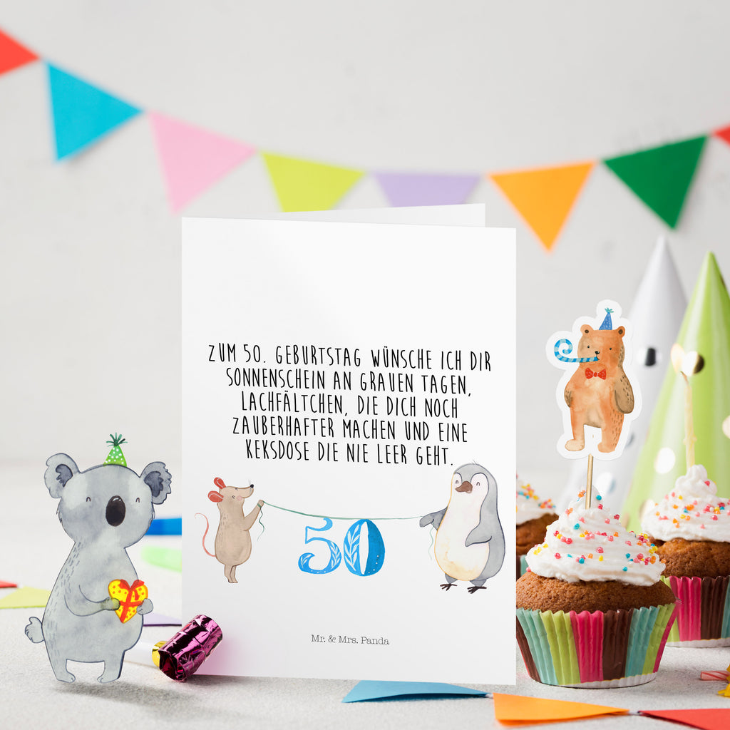 Geburtstagskarte 50. Geburtstag Maus Pinguin Grusskarte, Klappkarte, Einladungskarte, Glückwunschkarte, Hochzeitskarte, Geburtstagskarte, Geburtstag, Geburtstagsgeschenk, Geschenk, Party, Feiern, Torte, Kuchen
