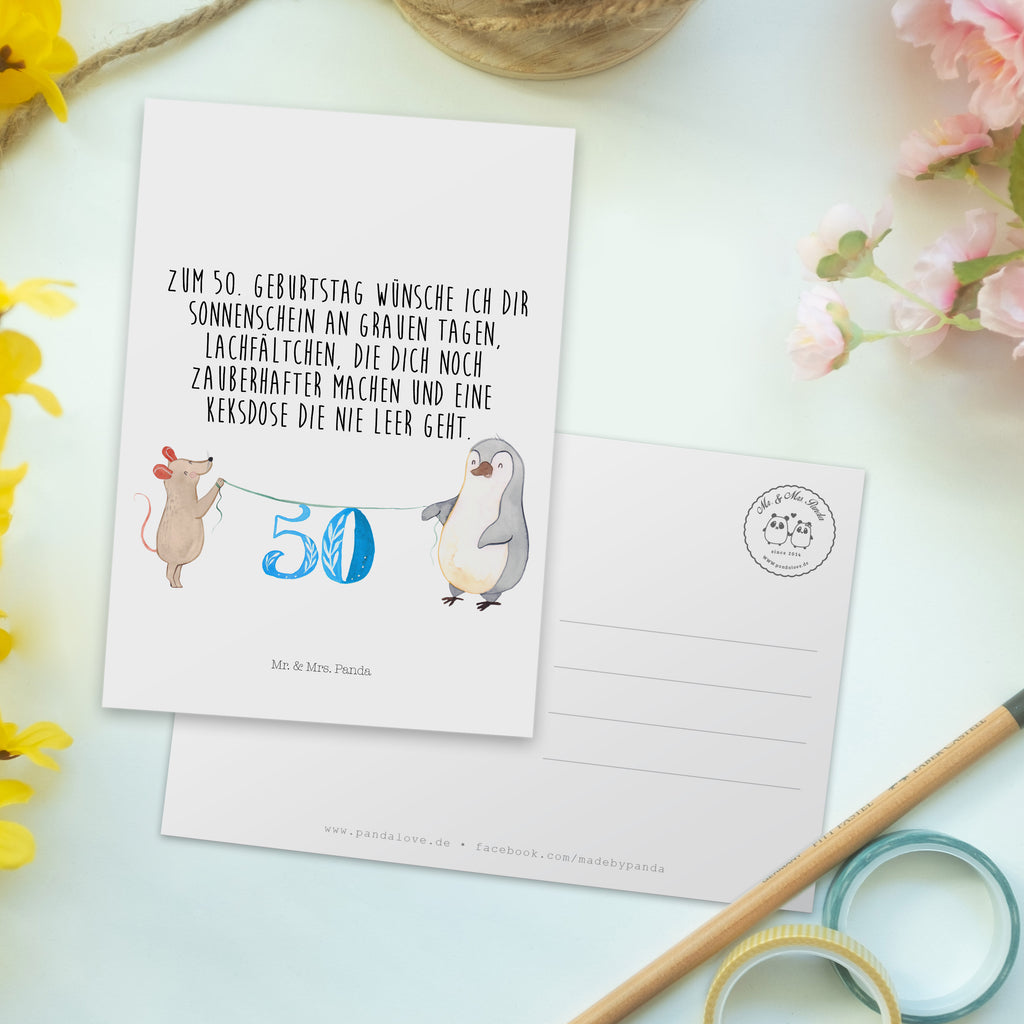 Postkarte 50. Geburtstag Maus Pinguin Geschenkkarte, Grußkarte, Karte, Einladung, Ansichtskarte, Geburtstagskarte, Einladungskarte, Dankeskarte, Geburtstag, Geburtstagsgeschenk, Geschenk, Party, Feiern, Torte, Kuchen