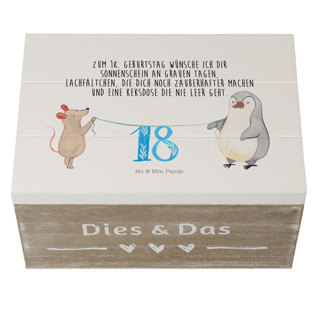 Holzkiste 18. Geburtstag Maus Pinguin Holzkiste, Kiste, Schatzkiste, Truhe, Schatulle, XXL, Erinnerungsbox, Erinnerungskiste, Dekokiste, Aufbewahrungsbox, Geburtstag, Geburtstagsgeschenk, Geschenk, Party, Feiern, Torte, Kuchen