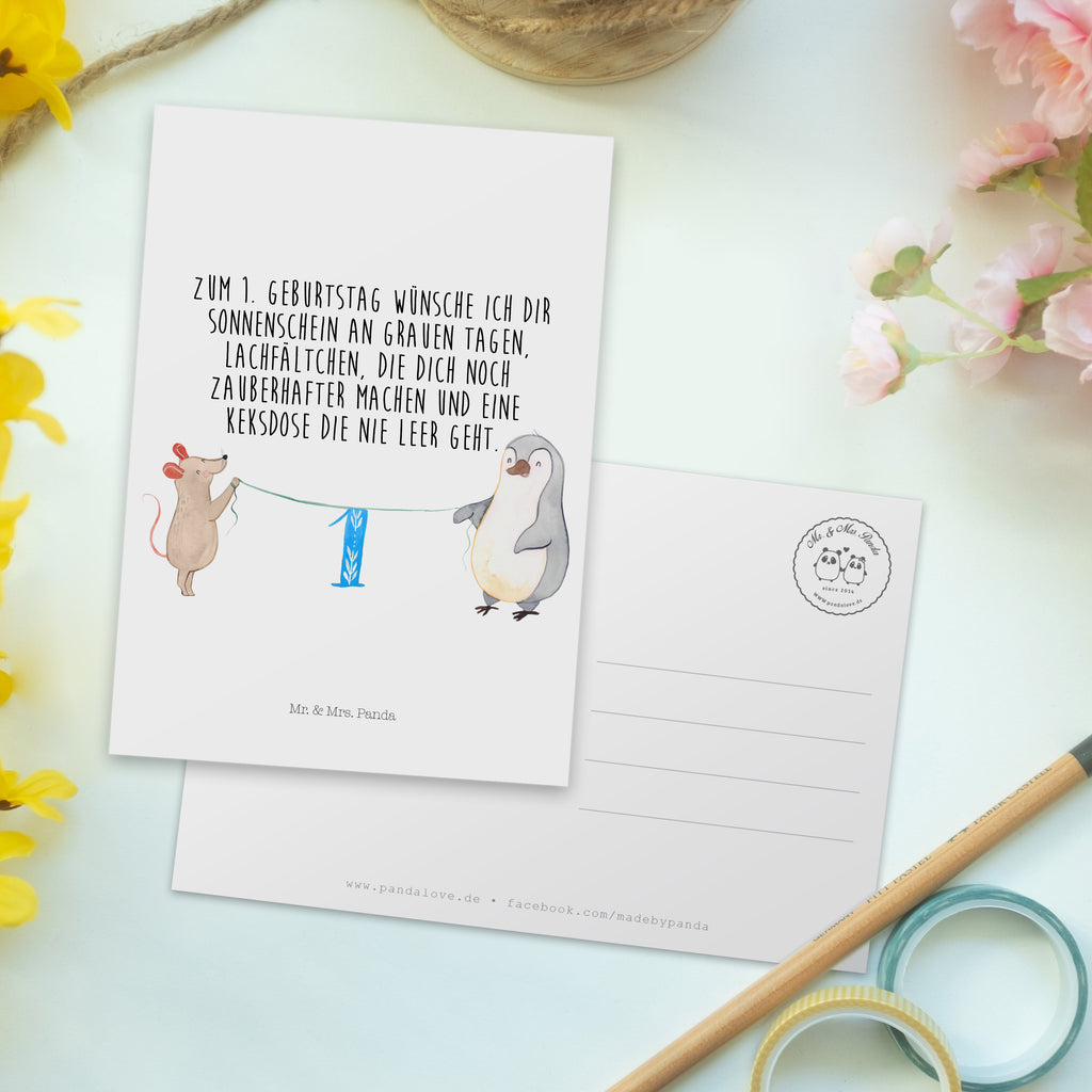 Postkarte 1. Geburtstag Maus Pinguin Geschenkkarte, Grußkarte, Karte, Einladung, Ansichtskarte, Geburtstagskarte, Einladungskarte, Dankeskarte, Geburtstag, Geburtstagsgeschenk, Geschenk, Party, Feiern, Torte, Kuchen