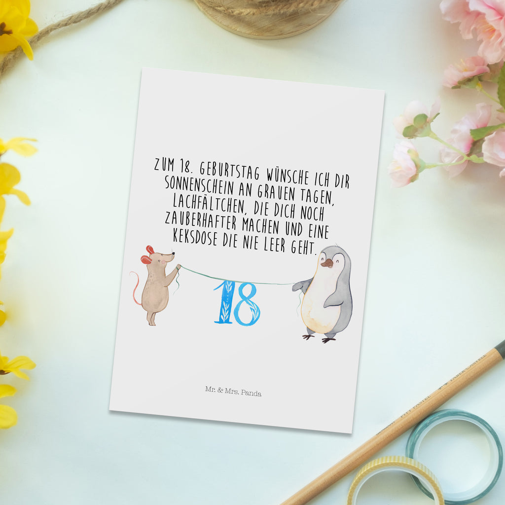 Postkarte 18. Geburtstag Maus Pinguin Geschenkkarte, Grußkarte, Karte, Einladung, Ansichtskarte, Geburtstagskarte, Einladungskarte, Dankeskarte, Geburtstag, Geburtstagsgeschenk, Geschenk, Party, Feiern, Torte, Kuchen