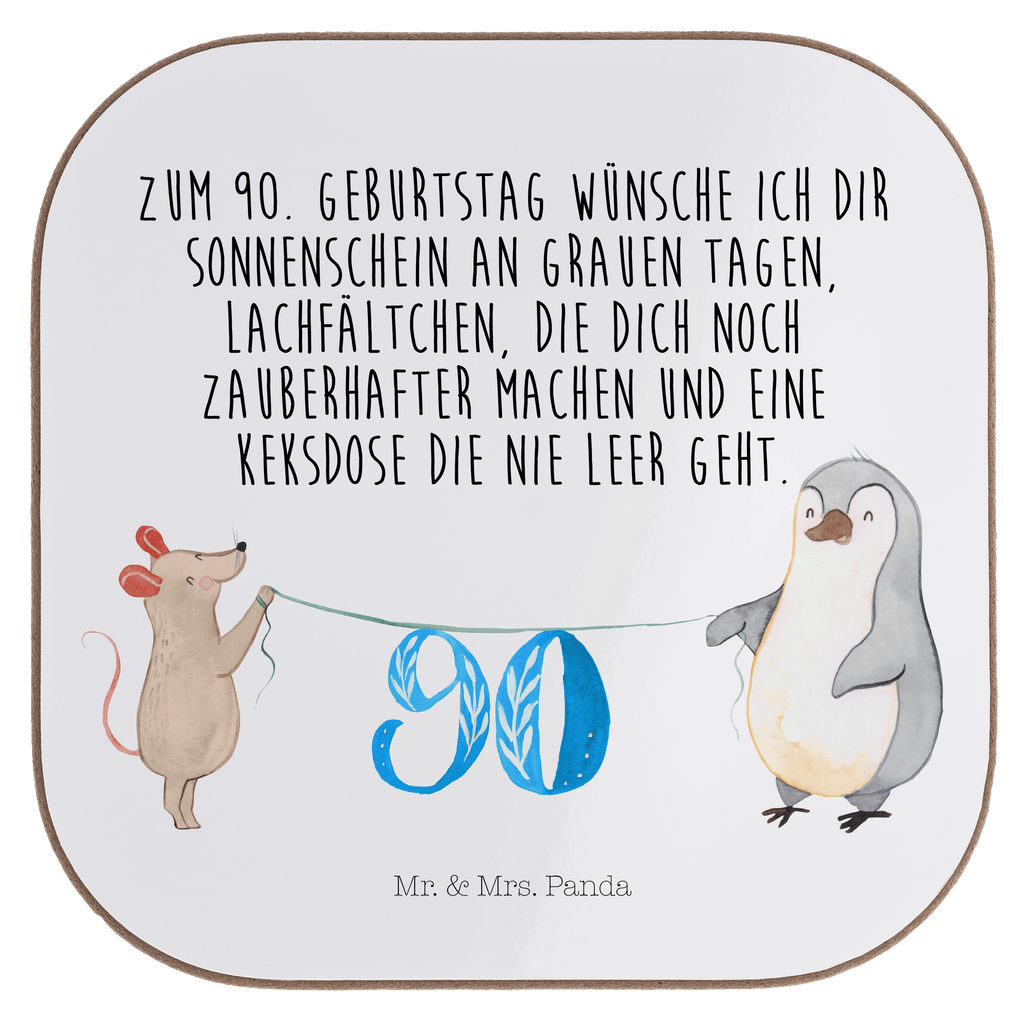 Quadratische Untersetzer 90. Geburtstag Maus Pinguin Bierdeckel, Glasuntersetzer, Untersetzer Gläser, Getränkeuntersetzer, Geburtstag, Geburtstagsgeschenk, Geschenk, Party, Feiern, Torte, Kuchen