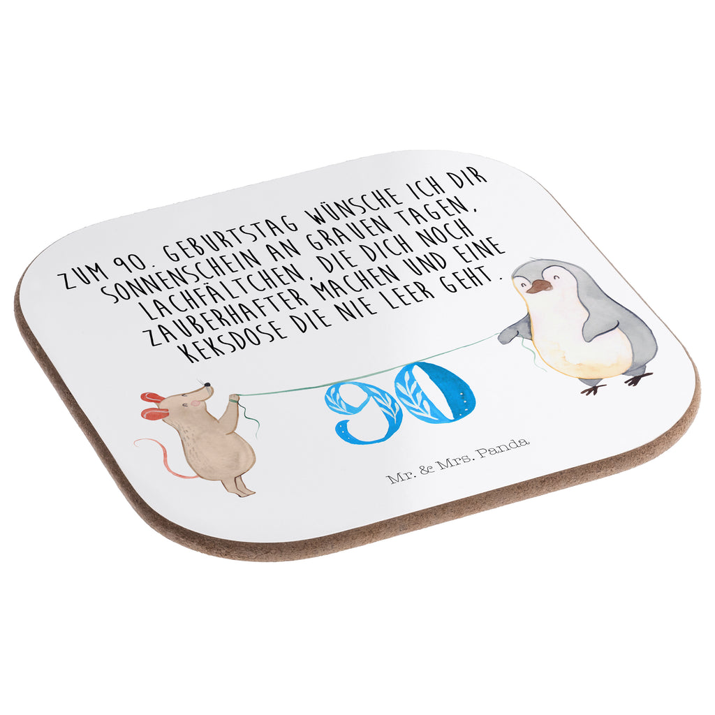Quadratische Untersetzer 90. Geburtstag Maus Pinguin Bierdeckel, Glasuntersetzer, Untersetzer Gläser, Getränkeuntersetzer, Geburtstag, Geburtstagsgeschenk, Geschenk, Party, Feiern, Torte, Kuchen