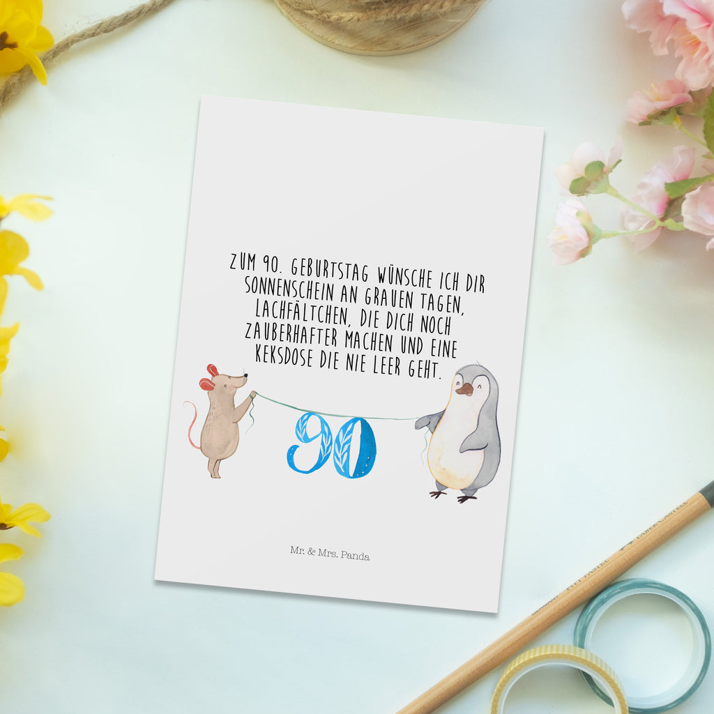 Postkarte 90. Geburtstag Maus Pinguin Geschenkkarte, Grußkarte, Karte, Einladung, Ansichtskarte, Geburtstagskarte, Einladungskarte, Dankeskarte, Geburtstag, Geburtstagsgeschenk, Geschenk, Party, Feiern, Torte, Kuchen