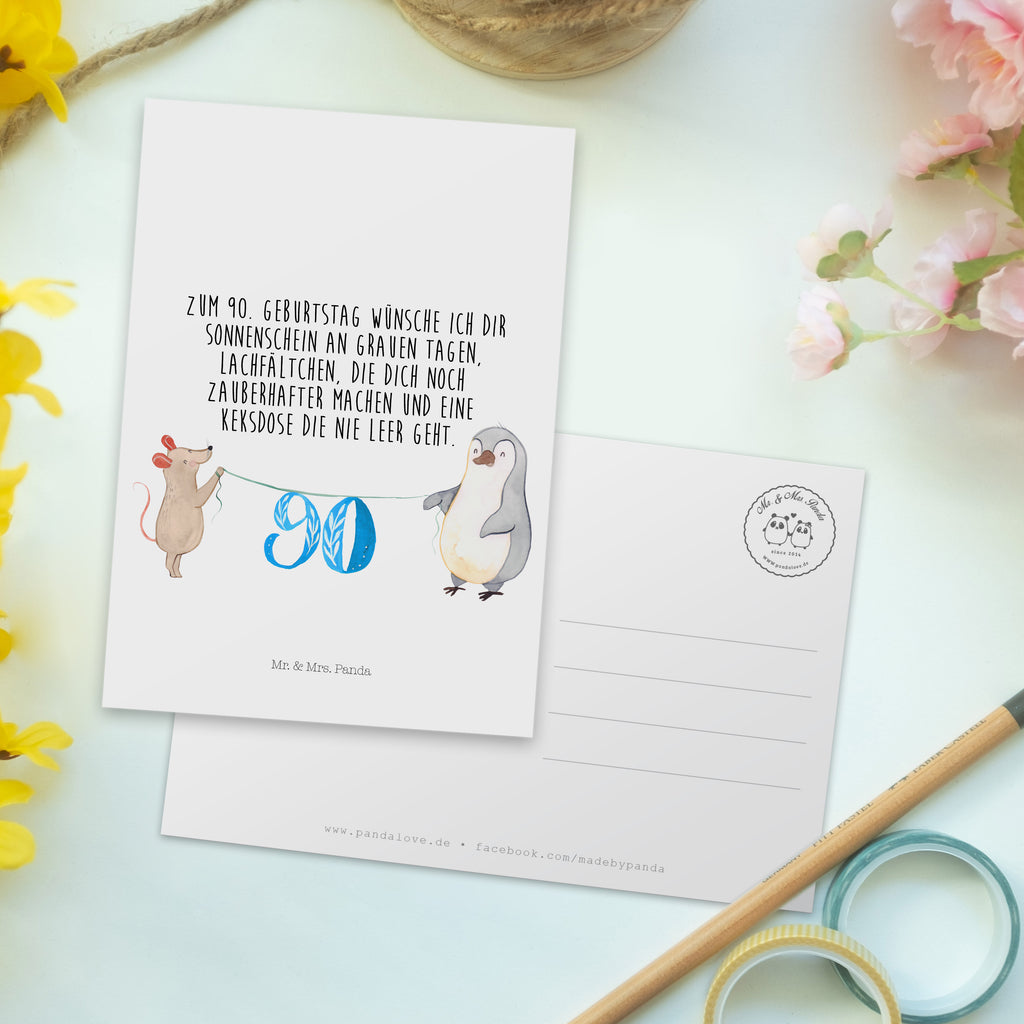 Postkarte 90. Geburtstag Maus Pinguin Geschenkkarte, Grußkarte, Karte, Einladung, Ansichtskarte, Geburtstagskarte, Einladungskarte, Dankeskarte, Geburtstag, Geburtstagsgeschenk, Geschenk, Party, Feiern, Torte, Kuchen