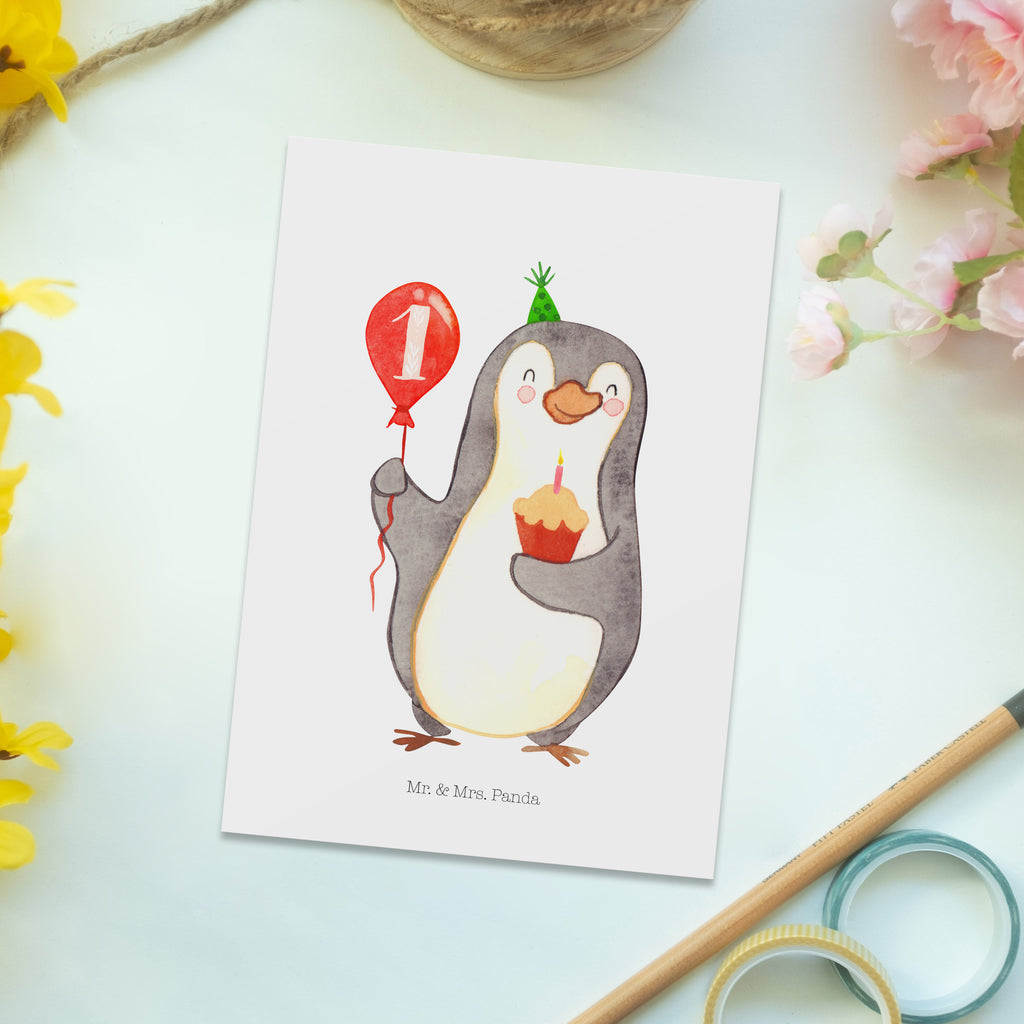 Postkarte 1. Geburtstag Pinguin Luftballon Geschenkkarte, Grußkarte, Karte, Einladung, Ansichtskarte, Geburtstagskarte, Einladungskarte, Geburtstag, Geburtstagsgeschenk, Geschenk, Pinguin, Geburtstage, Happy Birthday, Geburtstagsfeier