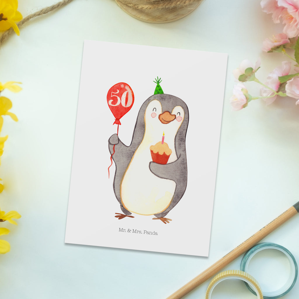 Postkarte 50. Geburtstag Pinguin Luftballon Geschenkkarte, Grußkarte, Karte, Einladung, Ansichtskarte, Geburtstagskarte, Einladungskarte, Dankeskarte, Geburtstag, Geburtstagsgeschenk, Geschenk, Pinguin, Geburtstage, Happy Birthday, Geburtstagsfeier