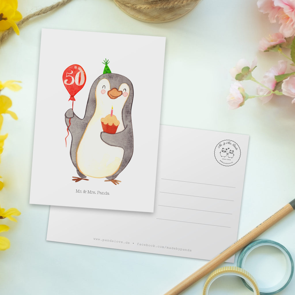 Postkarte 50. Geburtstag Pinguin Luftballon Geschenkkarte, Grußkarte, Karte, Einladung, Ansichtskarte, Geburtstagskarte, Einladungskarte, Dankeskarte, Geburtstag, Geburtstagsgeschenk, Geschenk, Pinguin, Geburtstage, Happy Birthday, Geburtstagsfeier