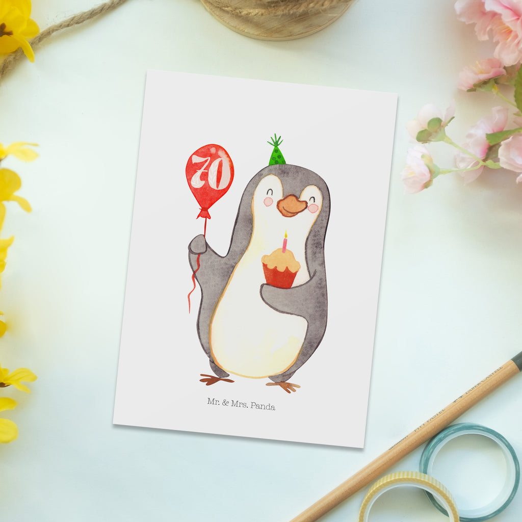 Postkarte 70. Geburtstag Pinguin Luftballon Geschenkkarte, Grußkarte, Karte, Einladung, Ansichtskarte, Geburtstagskarte, Einladungskarte, Dankeskarte, Geburtstag, Geburtstagsgeschenk, Geschenk, Pinguin, Geburtstage, Happy Birthday, Geburtstagsfeier