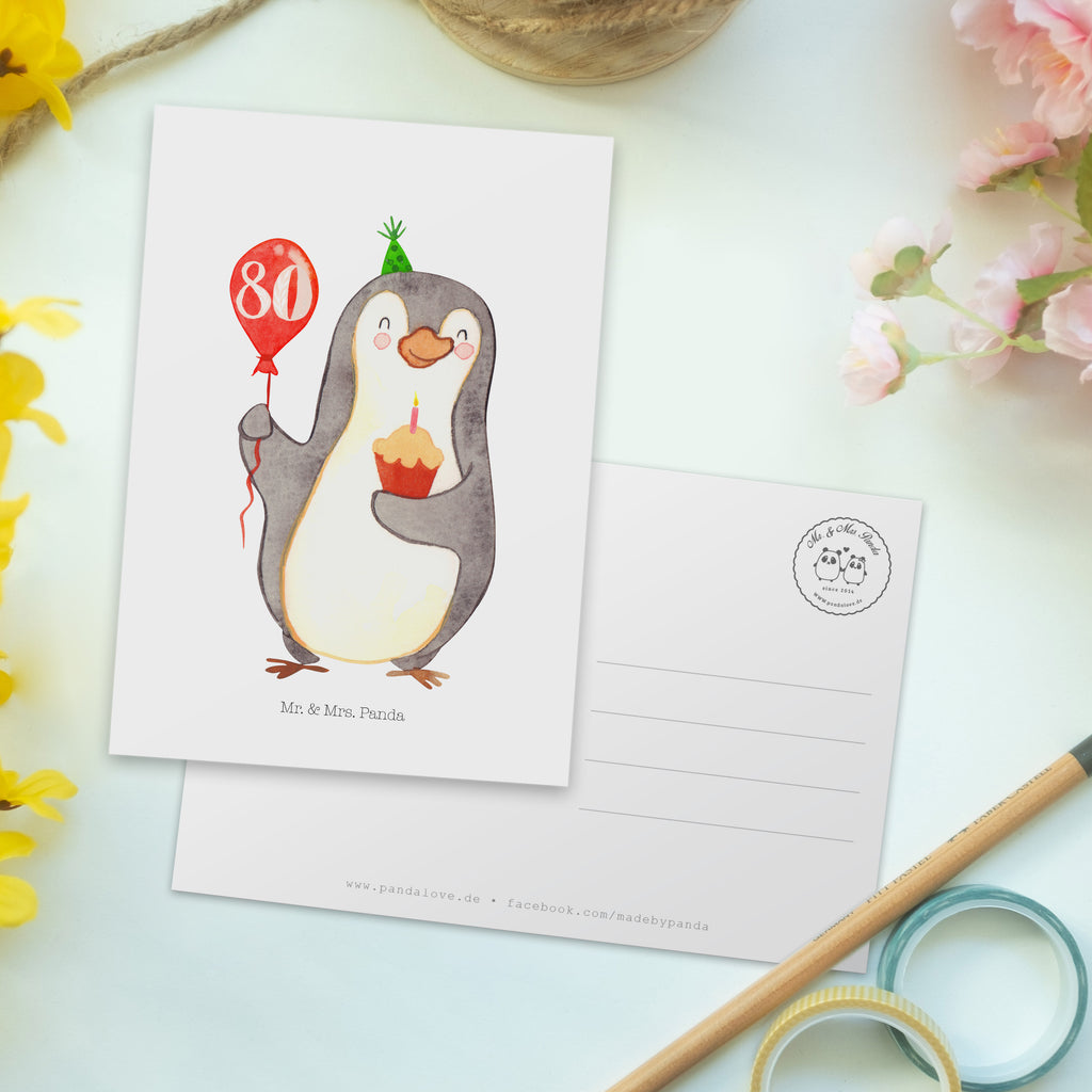 Postkarte 80. Geburtstag Pinguin Luftballon Geschenkkarte, Grußkarte, Karte, Einladung, Ansichtskarte, Geburtstagskarte, Einladungskarte, Dankeskarte, Geburtstag, Geburtstagsgeschenk, Geschenk, Pinguin, Geburtstage, Happy Birthday, Geburtstagsfeier