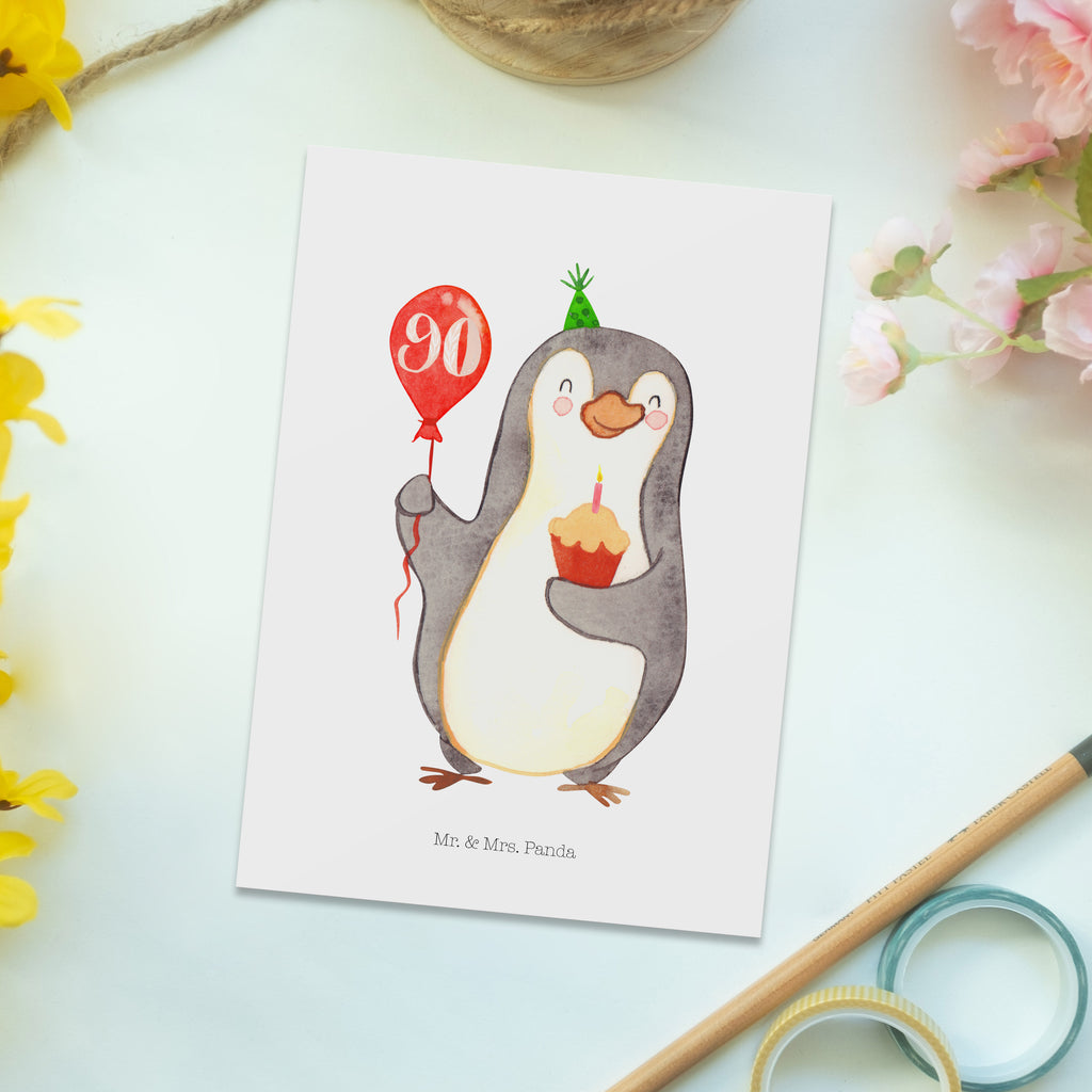 Postkarte 90. Geburtstag Pinguin Luftballon Geschenkkarte, Grußkarte, Karte, Einladung, Ansichtskarte, Geburtstagskarte, Einladungskarte, Dankeskarte, Geburtstag, Geburtstagsgeschenk, Geschenk, Pinguin, Geburtstage, Happy Birthday, Geburtstagsfeier