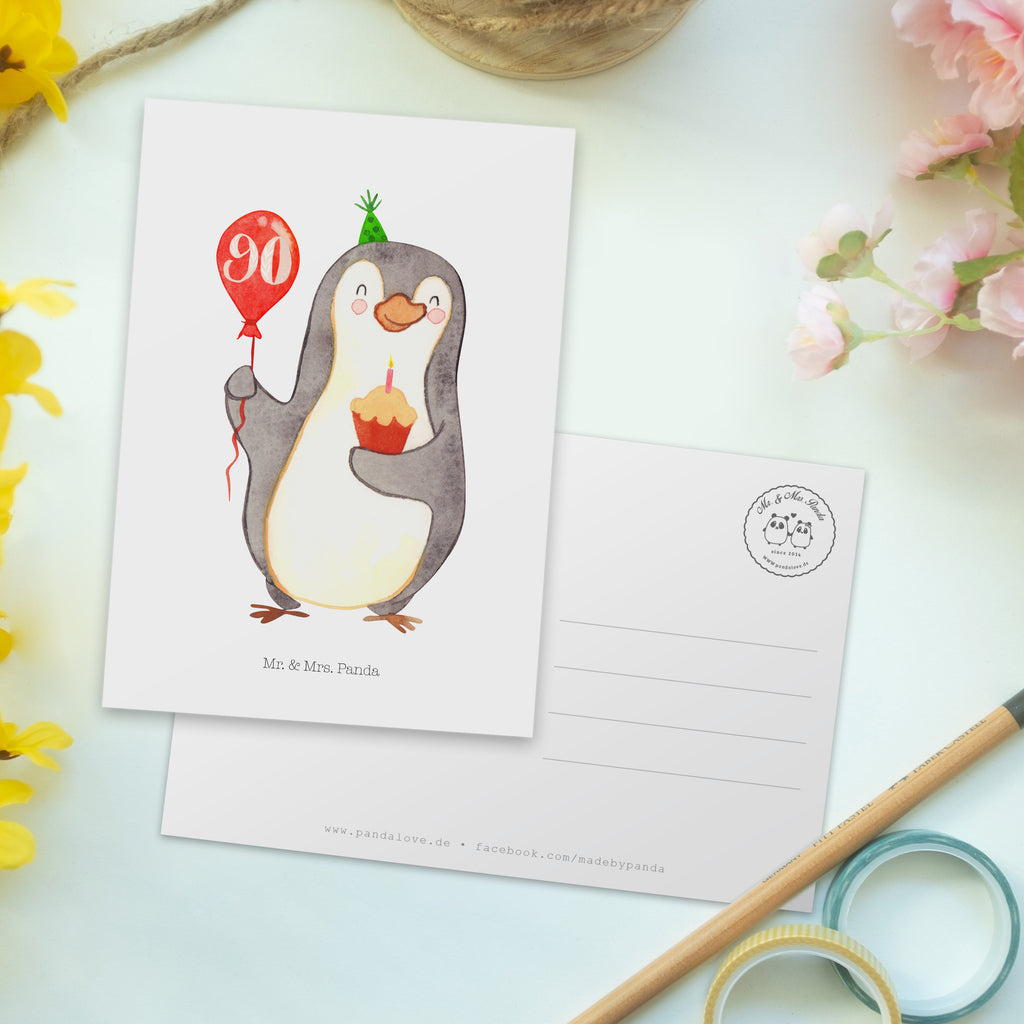 Postkarte 90. Geburtstag Pinguin Luftballon Geschenkkarte, Grußkarte, Karte, Einladung, Ansichtskarte, Geburtstagskarte, Einladungskarte, Dankeskarte, Geburtstag, Geburtstagsgeschenk, Geschenk, Pinguin, Geburtstage, Happy Birthday, Geburtstagsfeier