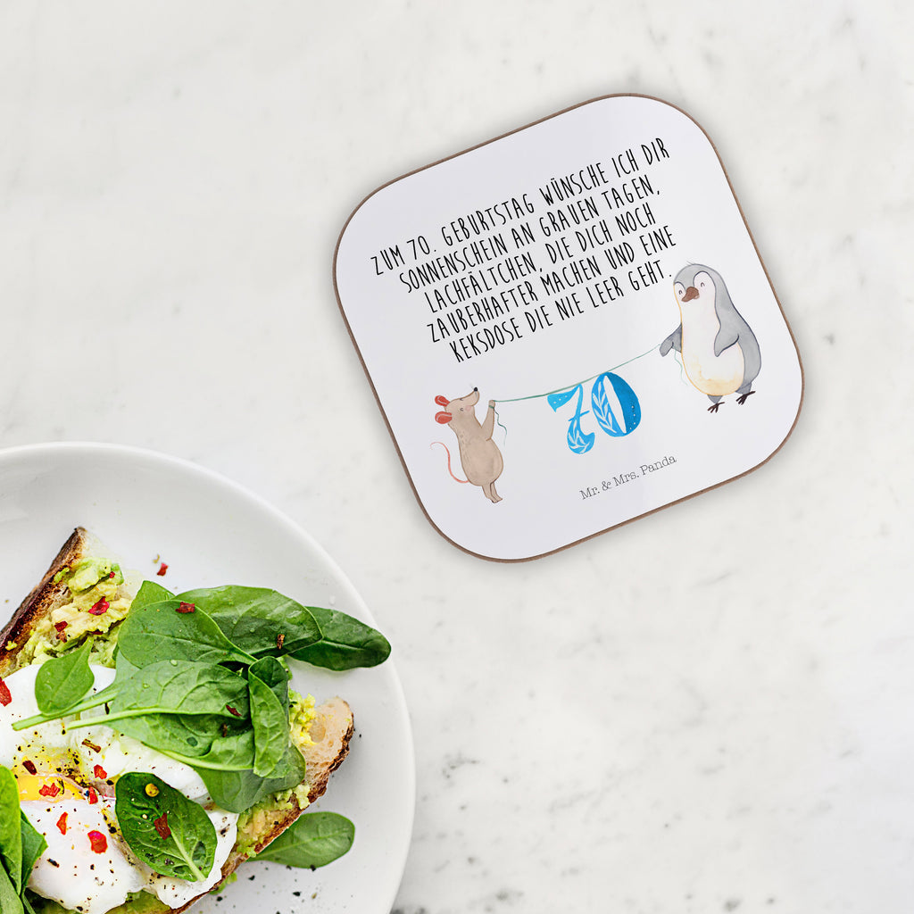Quadratische Untersetzer 70. Geburtstag Maus Pinguin Bierdeckel, Glasuntersetzer, Untersetzer Gläser, Getränkeuntersetzer, Geburtstag, Geburtstagsgeschenk, Geschenk, Party, Feiern, Torte, Kuchen