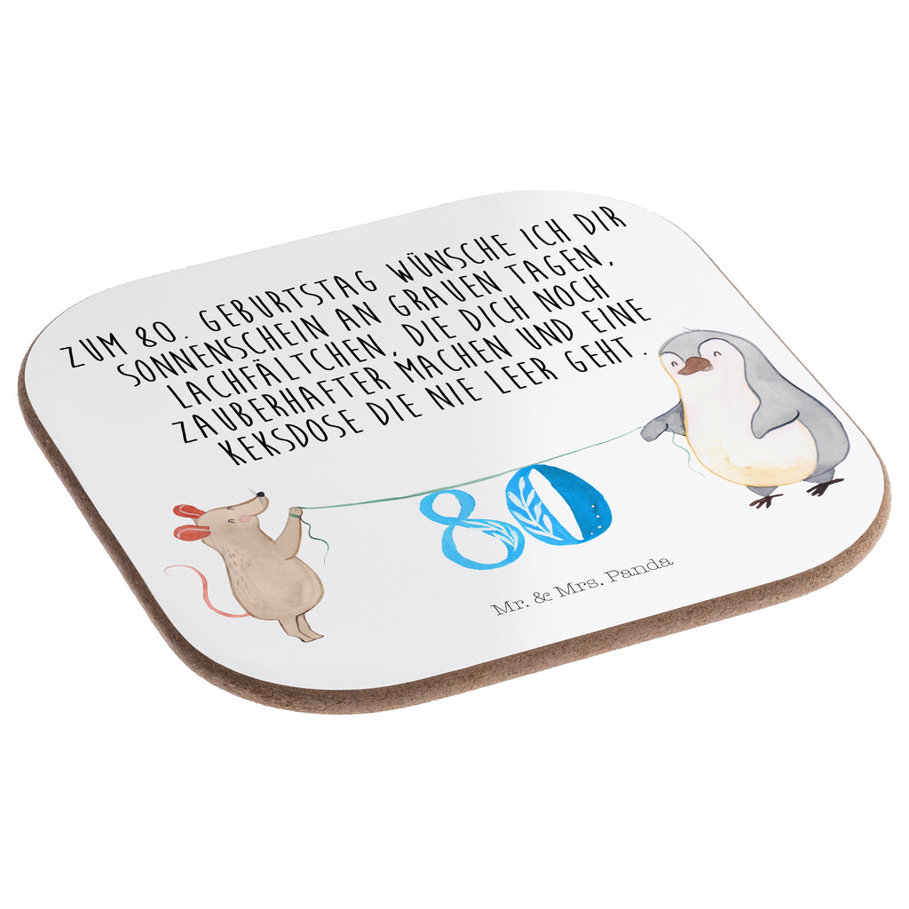 Quadratische Untersetzer 80. Geburtstag Maus Pinguin Bierdeckel, Glasuntersetzer, Untersetzer Gläser, Getränkeuntersetzer, Geburtstag, Geburtstagsgeschenk, Geschenk, Party, Feiern, Torte, Kuchen