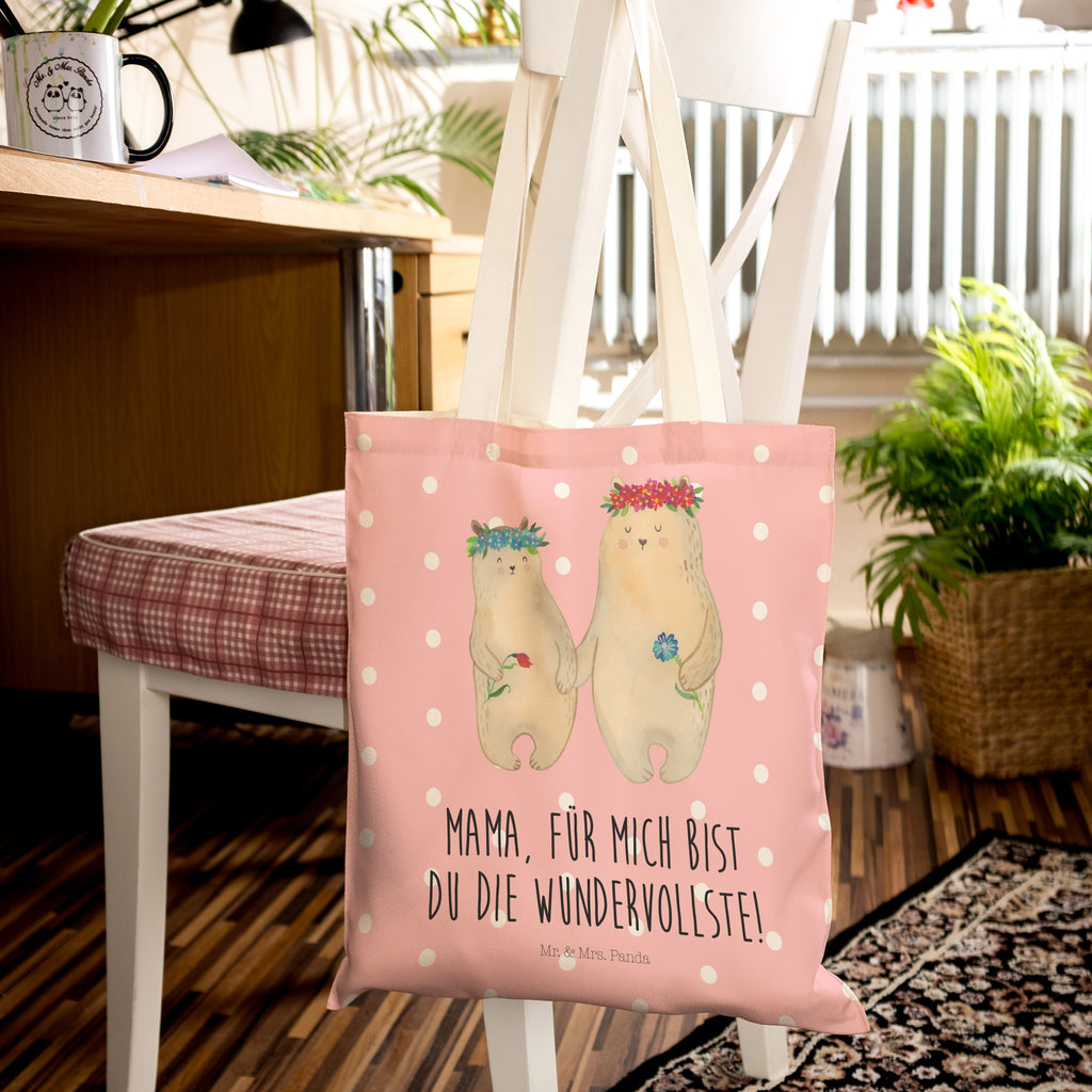 Einkaufstasche Bären mit Blumenkranz Tragetasche, Tasche, Beutel, Stofftasche, Baumwolltasche, Umhängetasche, Shopper, Familie, Vatertag, Muttertag, Bruder, Schwester, Mama, Papa, Oma, Opa, Bär, Bären, Mutter, Mutti, Mami, Lieblingsmensch, Lieblingsmama, beste Mutter, weltbeste Mama, Geschenk Mama. Muttertag, Tochter, Kind, Kinder, Töchter, Family, Vorbild