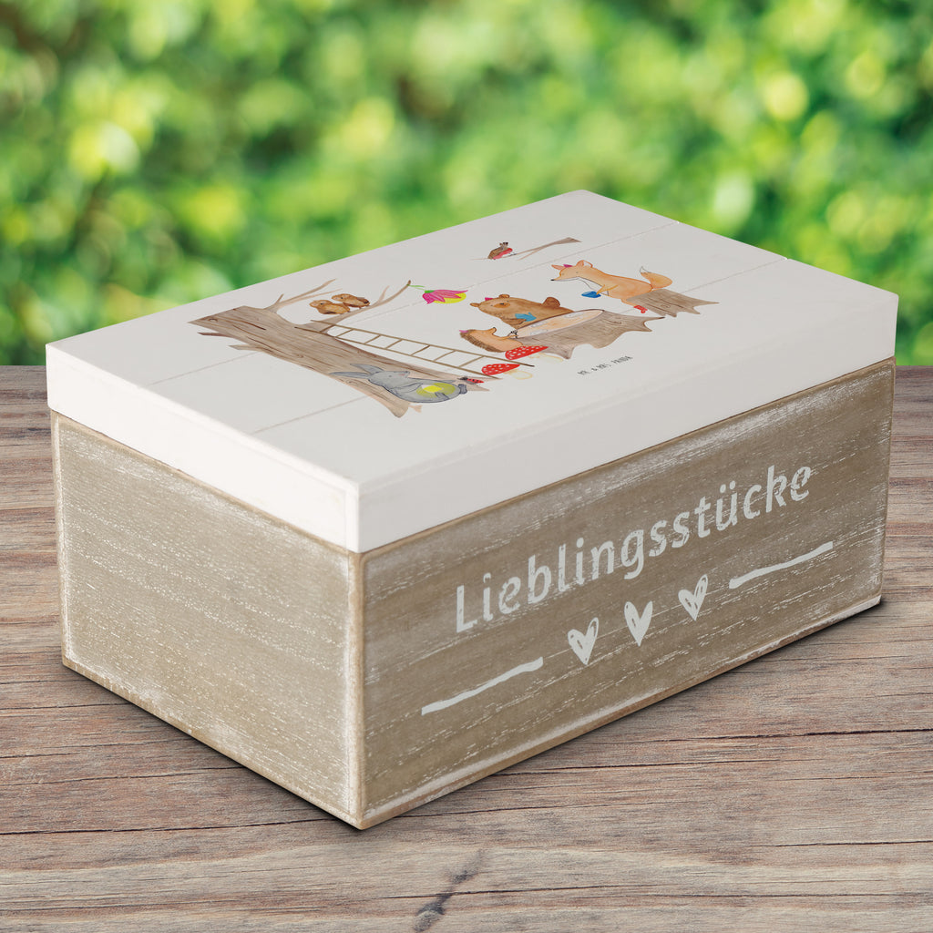 Holzkiste Waldtiere Picknick Holzkiste, Kiste, Schatzkiste, Truhe, Schatulle, XXL, Erinnerungsbox, Erinnerungskiste, Dekokiste, Aufbewahrungsbox, Tiermotive, Gute Laune, lustige Sprüche, Tiere, Waldtiere, Picknick, Wald, Fuchs, Hase, Igel, Maus, Eichhörnchen