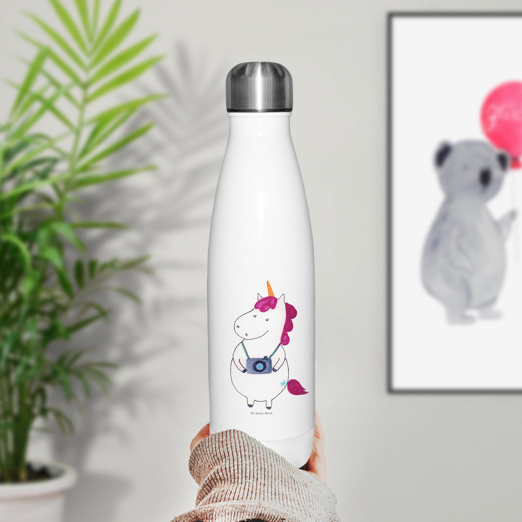 Thermosflasche Einhorn Fotograf Isolierflasche, Thermoflasche, Trinkflasche, Thermos, Edelstahl, Einhorn, Einhörner, Einhorn Deko, Pegasus, Unicorn, Fotograf, Fotografie, Kamera, Reisen, Weltreise, Weltenbummler, Urlaub, Tourist, Kurztrip, Reise, Städtereise