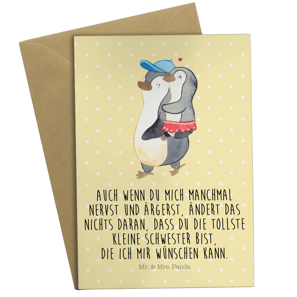 Grußkarte Pinguin Kleine Schwester Klappkarte, Einladungskarte, Glückwunschkarte, Hochzeitskarte, Geburtstagskarte, Karte, Familie, Vatertag, Muttertag, Bruder, Schwester, Mama, Papa, Oma, Opa