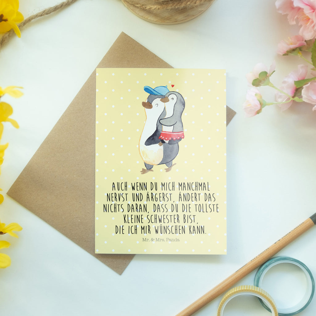 Grußkarte Pinguin Kleine Schwester Klappkarte, Einladungskarte, Glückwunschkarte, Hochzeitskarte, Geburtstagskarte, Karte, Familie, Vatertag, Muttertag, Bruder, Schwester, Mama, Papa, Oma, Opa