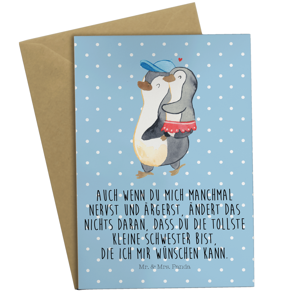 Grußkarte Pinguin Kleine Schwester Klappkarte, Einladungskarte, Glückwunschkarte, Hochzeitskarte, Geburtstagskarte, Karte, Familie, Vatertag, Muttertag, Bruder, Schwester, Mama, Papa, Oma, Opa