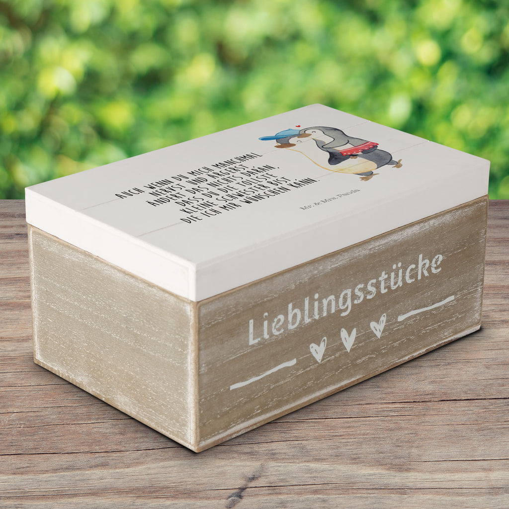 Holzkiste Pinguin Kleine Schwester Holzkiste, Kiste, Schatzkiste, Truhe, Schatulle, XXL, Erinnerungsbox, Erinnerungskiste, Dekokiste, Aufbewahrungsbox, Familie, Vatertag, Muttertag, Bruder, Schwester, Mama, Papa, Oma, Opa