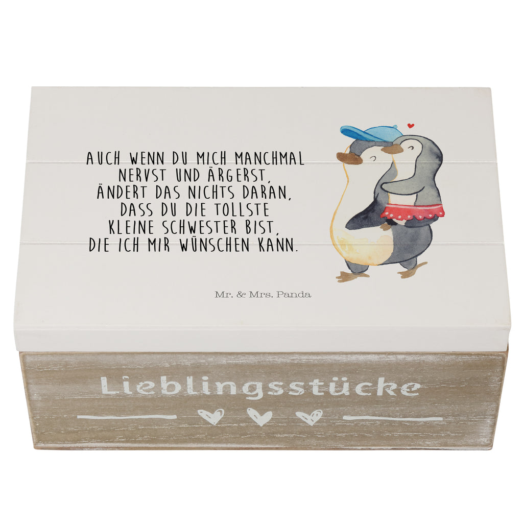Holzkiste Pinguin Kleine Schwester Holzkiste, Kiste, Schatzkiste, Truhe, Schatulle, XXL, Erinnerungsbox, Erinnerungskiste, Dekokiste, Aufbewahrungsbox, Familie, Vatertag, Muttertag, Bruder, Schwester, Mama, Papa, Oma, Opa