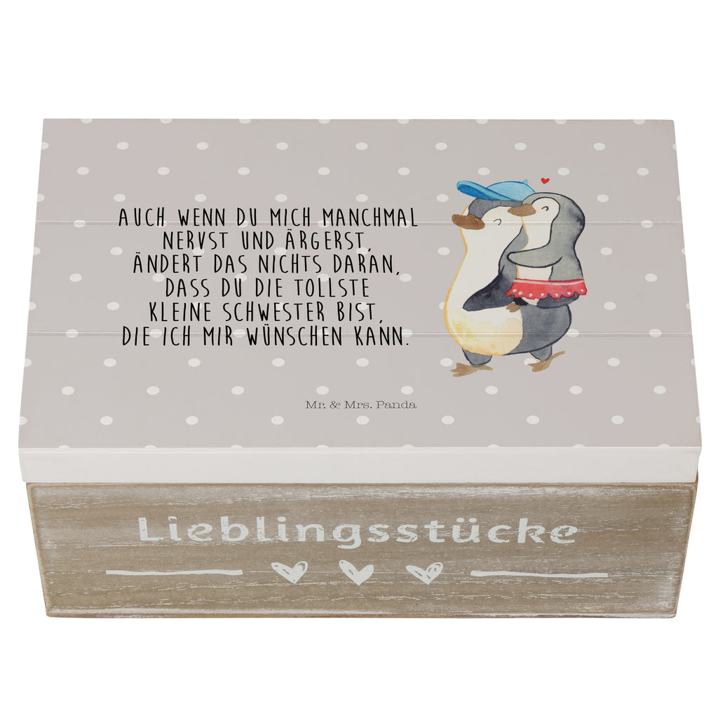 Holzkiste Pinguin Kleine Schwester Holzkiste, Kiste, Schatzkiste, Truhe, Schatulle, XXL, Erinnerungsbox, Erinnerungskiste, Dekokiste, Aufbewahrungsbox, Familie, Vatertag, Muttertag, Bruder, Schwester, Mama, Papa, Oma, Opa
