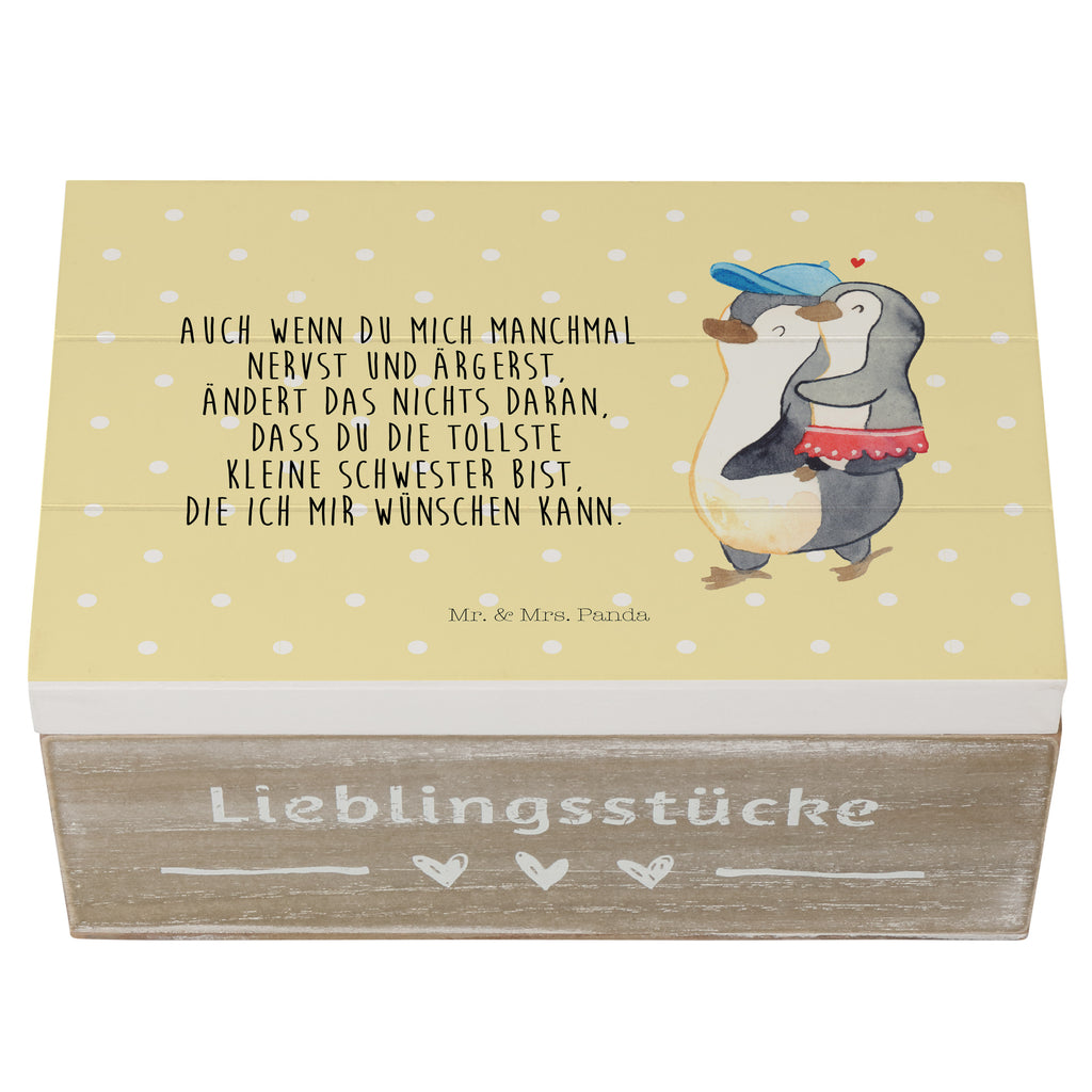 Holzkiste Pinguin Kleine Schwester Holzkiste, Kiste, Schatzkiste, Truhe, Schatulle, XXL, Erinnerungsbox, Erinnerungskiste, Dekokiste, Aufbewahrungsbox, Familie, Vatertag, Muttertag, Bruder, Schwester, Mama, Papa, Oma, Opa