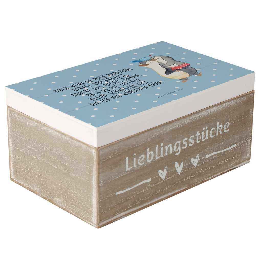 Holzkiste Pinguin Kleine Schwester Holzkiste, Kiste, Schatzkiste, Truhe, Schatulle, XXL, Erinnerungsbox, Erinnerungskiste, Dekokiste, Aufbewahrungsbox, Familie, Vatertag, Muttertag, Bruder, Schwester, Mama, Papa, Oma, Opa