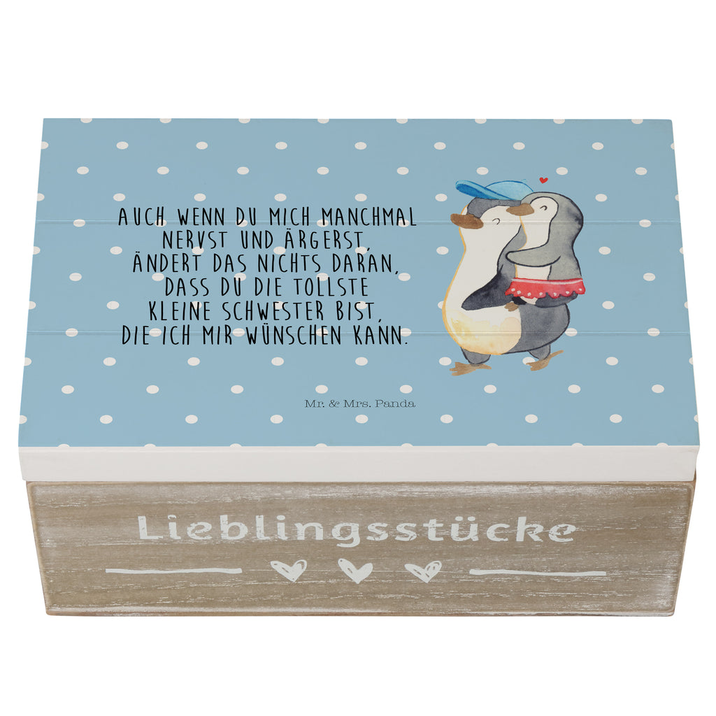 Holzkiste Pinguin Kleine Schwester Holzkiste, Kiste, Schatzkiste, Truhe, Schatulle, XXL, Erinnerungsbox, Erinnerungskiste, Dekokiste, Aufbewahrungsbox, Familie, Vatertag, Muttertag, Bruder, Schwester, Mama, Papa, Oma, Opa