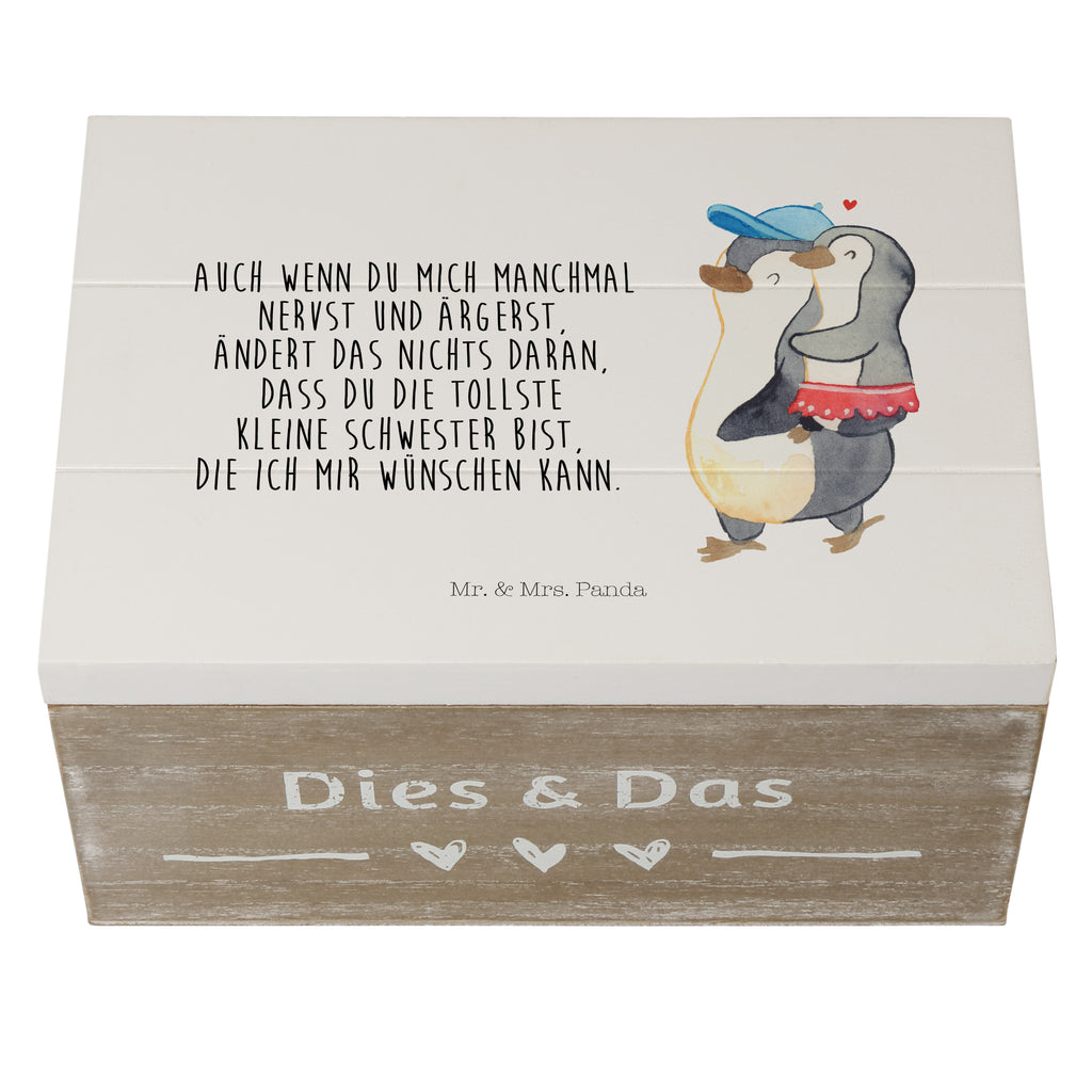 Holzkiste Pinguin Kleine Schwester Holzkiste, Kiste, Schatzkiste, Truhe, Schatulle, XXL, Erinnerungsbox, Erinnerungskiste, Dekokiste, Aufbewahrungsbox, Familie, Vatertag, Muttertag, Bruder, Schwester, Mama, Papa, Oma, Opa