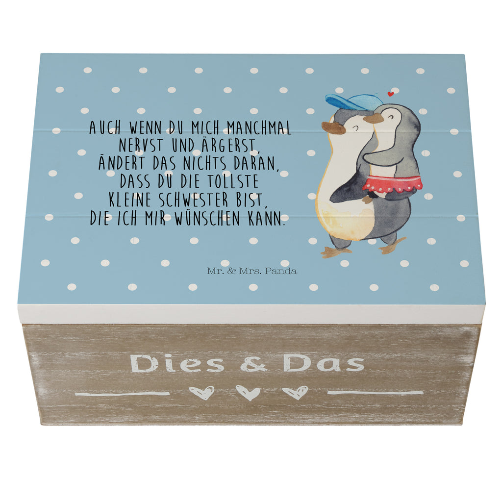 Holzkiste Pinguin Kleine Schwester Holzkiste, Kiste, Schatzkiste, Truhe, Schatulle, XXL, Erinnerungsbox, Erinnerungskiste, Dekokiste, Aufbewahrungsbox, Familie, Vatertag, Muttertag, Bruder, Schwester, Mama, Papa, Oma, Opa