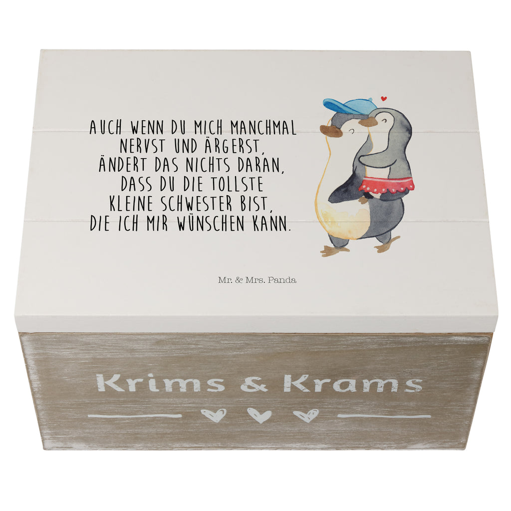 Holzkiste Pinguin Kleine Schwester Holzkiste, Kiste, Schatzkiste, Truhe, Schatulle, XXL, Erinnerungsbox, Erinnerungskiste, Dekokiste, Aufbewahrungsbox, Familie, Vatertag, Muttertag, Bruder, Schwester, Mama, Papa, Oma, Opa