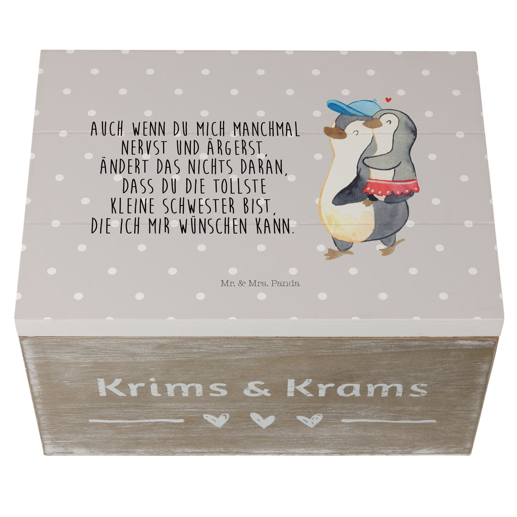 Holzkiste Pinguin Kleine Schwester Holzkiste, Kiste, Schatzkiste, Truhe, Schatulle, XXL, Erinnerungsbox, Erinnerungskiste, Dekokiste, Aufbewahrungsbox, Familie, Vatertag, Muttertag, Bruder, Schwester, Mama, Papa, Oma, Opa