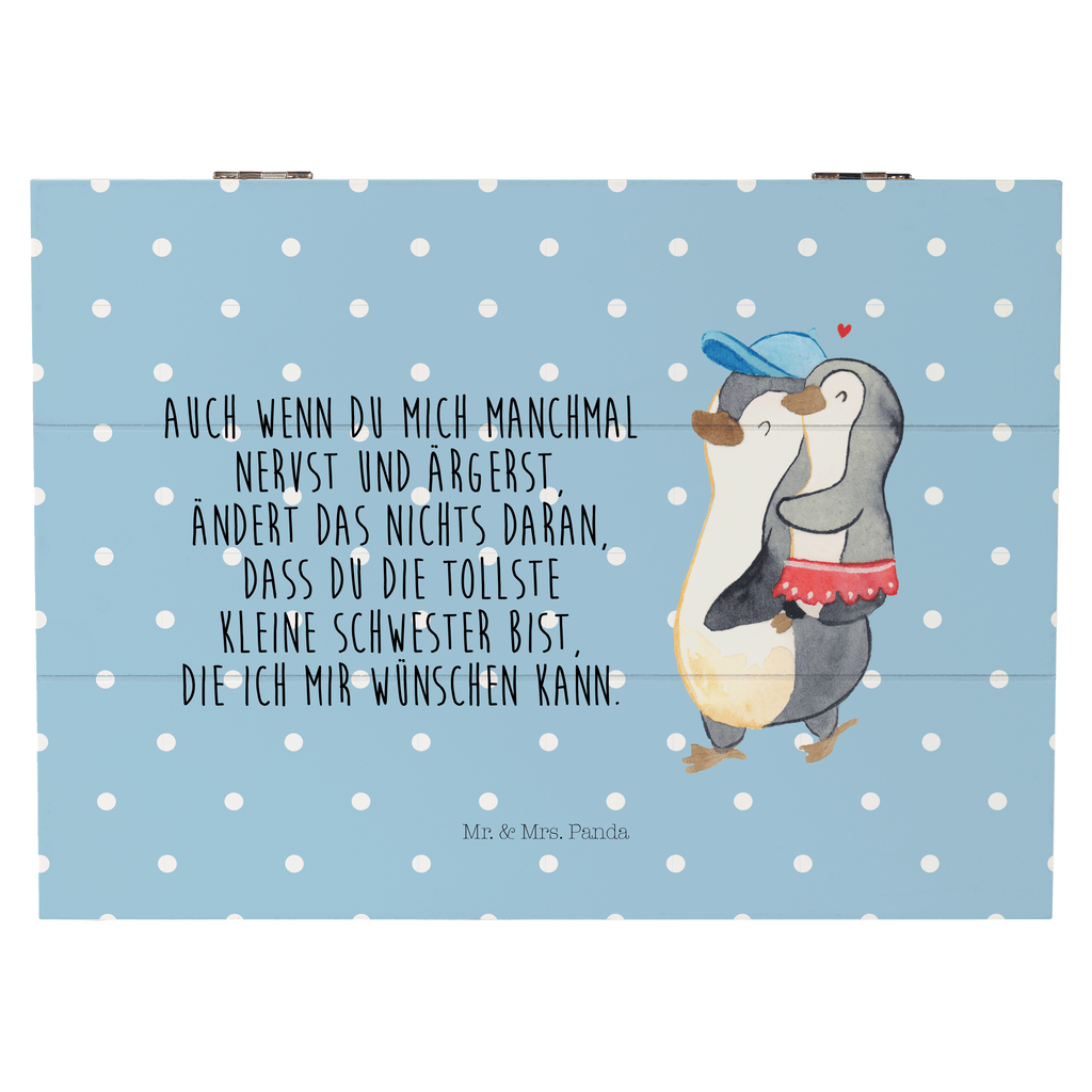 Holzkiste Pinguin Kleine Schwester Holzkiste, Kiste, Schatzkiste, Truhe, Schatulle, XXL, Erinnerungsbox, Erinnerungskiste, Dekokiste, Aufbewahrungsbox, Familie, Vatertag, Muttertag, Bruder, Schwester, Mama, Papa, Oma, Opa
