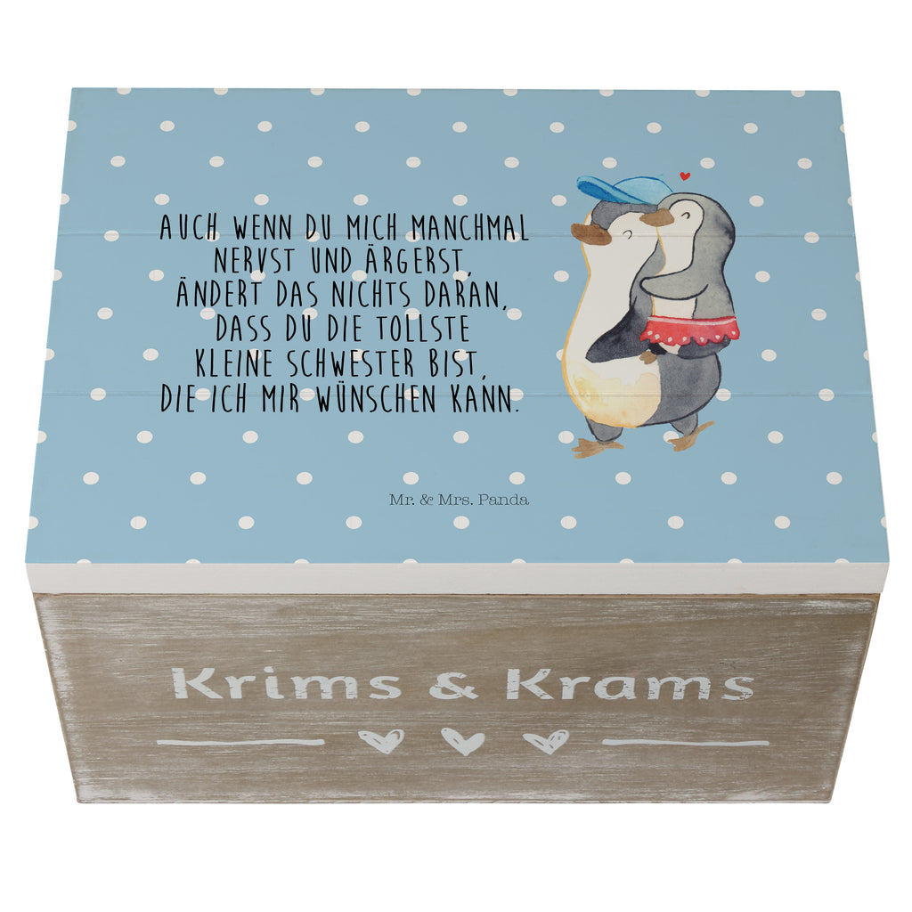 Holzkiste Pinguin Kleine Schwester Holzkiste, Kiste, Schatzkiste, Truhe, Schatulle, XXL, Erinnerungsbox, Erinnerungskiste, Dekokiste, Aufbewahrungsbox, Familie, Vatertag, Muttertag, Bruder, Schwester, Mama, Papa, Oma, Opa
