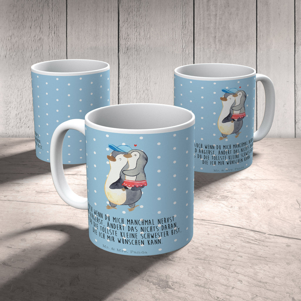 Tasse Pinguin Kleine Schwester  Becher, Kaffeetasse, Kaffeebecher, Tee, Frühstück, Büro  Familie, Vatertag, Muttertag, Bruder, Schwester, Mama, Papa, Oma, Opa