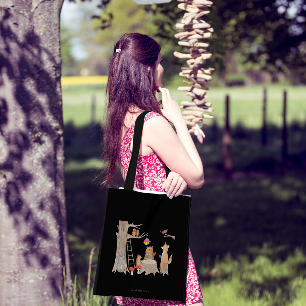 Tragetasche Waldtiere Picknick Beuteltasche, Beutel, Einkaufstasche, Jutebeutel, Stoffbeutel, Tiermotive, Gute Laune, lustige Sprüche, Tiere, Waldtiere, Picknick, Wald, Fuchs, Hase, Igel, Maus, Eichhörnchen