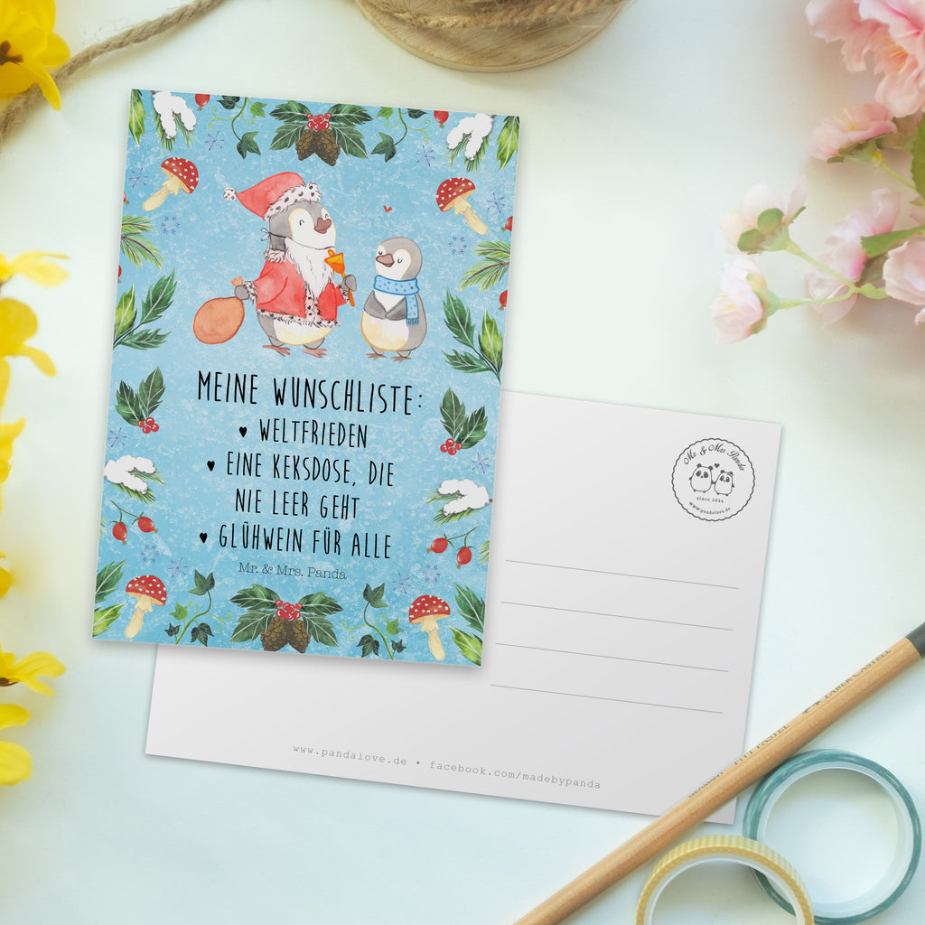 Postkarte Pinguin Wunschliste Geschenkkarte, Grußkarte, Karte, Einladung, Ansichtskarte, Geburtstagskarte, Einladungskarte, Winter, Weihnachten, Weihnachtsdeko, Nikolaus, Advent, Heiligabend, Wintermotiv