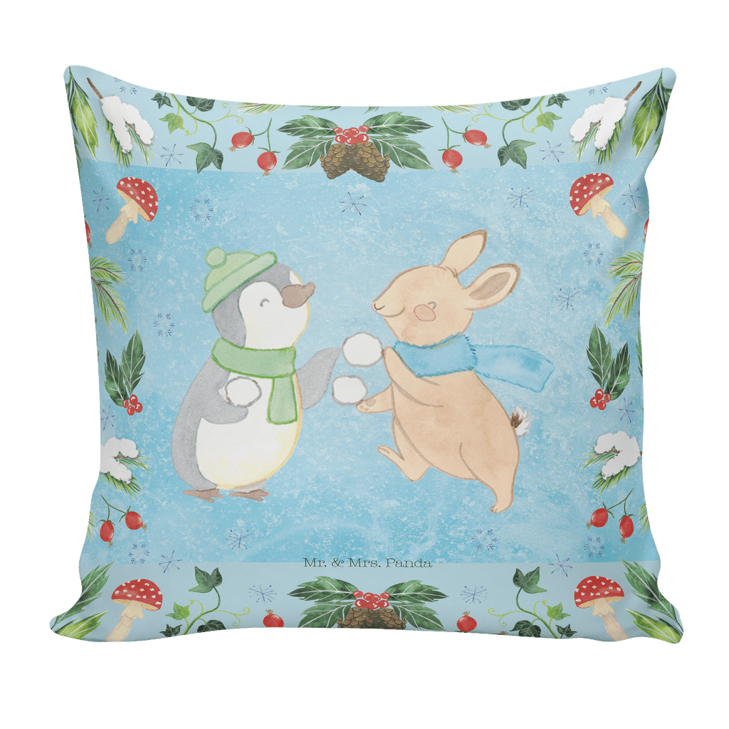40x40 Kissen Pinguin Hase Schneeballschlacht Kissenhülle, Kopfkissen, Sofakissen, Dekokissen, Motivkissen, Winter, Weihnachten, Weihnachtsdeko, Nikolaus, Advent, Heiligabend, Wintermotiv