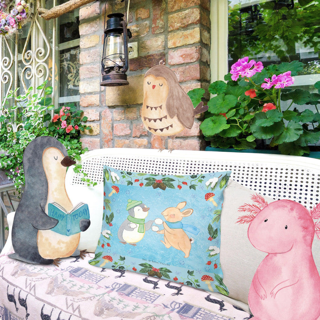 40x40 Kissen Pinguin Hase Schneeballschlacht Kissenhülle, Kopfkissen, Sofakissen, Dekokissen, Motivkissen, Winter, Weihnachten, Weihnachtsdeko, Nikolaus, Advent, Heiligabend, Wintermotiv