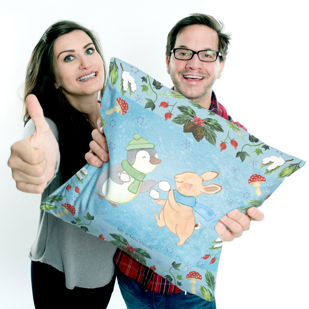 40x40 Kissen Pinguin Hase Schneeballschlacht Kissenhülle, Kopfkissen, Sofakissen, Dekokissen, Motivkissen, Winter, Weihnachten, Weihnachtsdeko, Nikolaus, Advent, Heiligabend, Wintermotiv