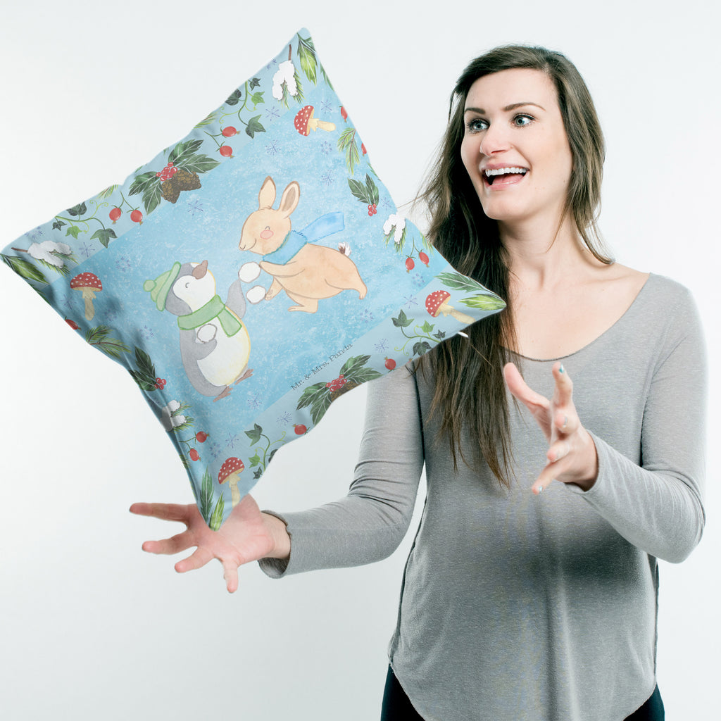 40x40 Kissen Pinguin Hase Schneeballschlacht Kissenhülle, Kopfkissen, Sofakissen, Dekokissen, Motivkissen, Winter, Weihnachten, Weihnachtsdeko, Nikolaus, Advent, Heiligabend, Wintermotiv