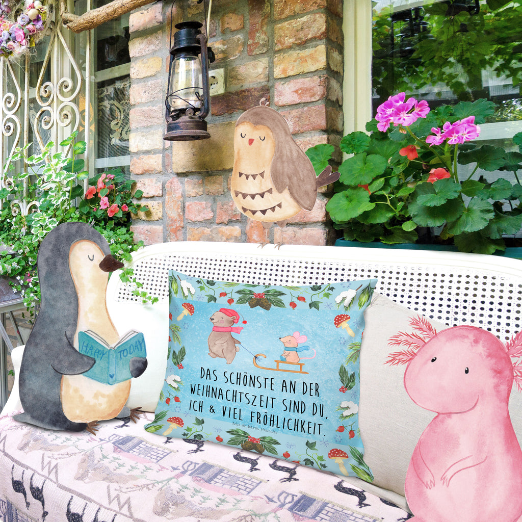 40x40 Kissen Bär Maus Schlitten Kissenhülle, Kopfkissen, Sofakissen, Dekokissen, Motivkissen, Winter, Weihnachten, Weihnachtsdeko, Nikolaus, Advent, Heiligabend, Wintermotiv