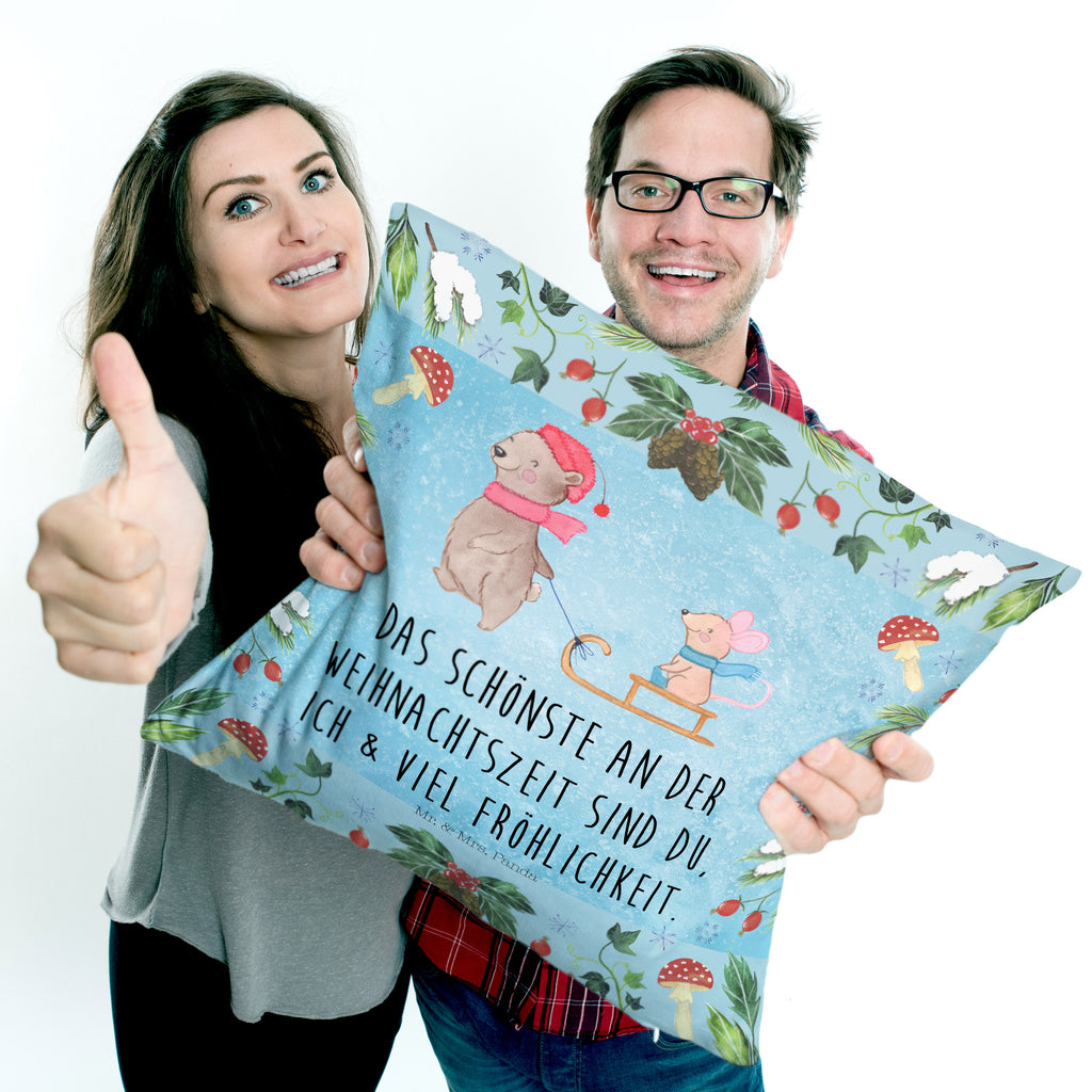 40x40 Kissen Bär Maus Schlitten Kissenhülle, Kopfkissen, Sofakissen, Dekokissen, Motivkissen, Winter, Weihnachten, Weihnachtsdeko, Nikolaus, Advent, Heiligabend, Wintermotiv