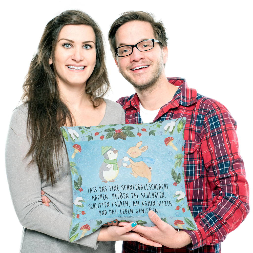 40x40 Kissen Pinguin Hase Schneeballschlacht Kissenhülle, Kopfkissen, Sofakissen, Dekokissen, Motivkissen, Winter, Weihnachten, Weihnachtsdeko, Nikolaus, Advent, Heiligabend, Wintermotiv